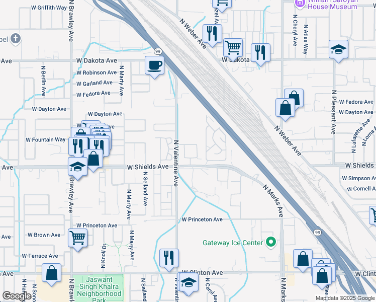 map of restaurants, bars, coffee shops, grocery stores, and more near 3374 West Shields Avenue in Fresno