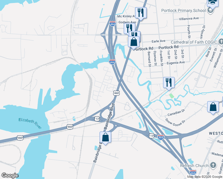 map of restaurants, bars, coffee shops, grocery stores, and more near 4340 Alvah Martin Way in Chesapeake