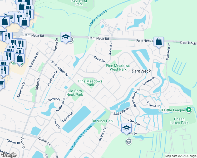 map of restaurants, bars, coffee shops, grocery stores, and more near 1020 Wasserman Drive in Virginia Beach