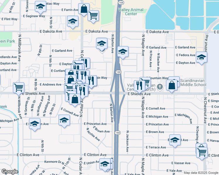 map of restaurants, bars, coffee shops, grocery stores, and more near 4455 East Shields Avenue in Fresno