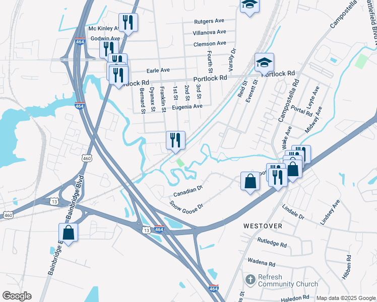 map of restaurants, bars, coffee shops, grocery stores, and more near 1110 Railroad Avenue in Chesapeake