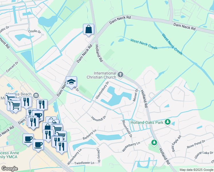map of restaurants, bars, coffee shops, grocery stores, and more near 3093 Glastonbury Drive in Virginia Beach