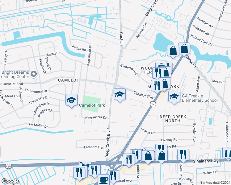 map of restaurants, bars, coffee shops, grocery stores, and more near 2720 Pendragon Court in Chesapeake