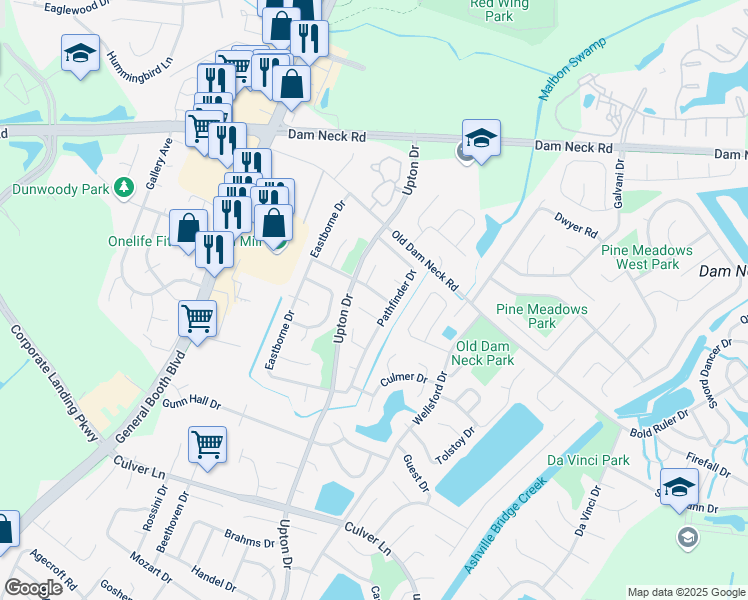 map of restaurants, bars, coffee shops, grocery stores, and more near 1773 Pathfinder Drive in Virginia Beach