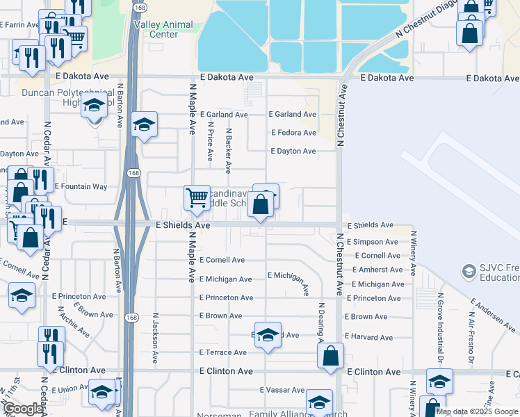 map of restaurants, bars, coffee shops, grocery stores, and more near 3216 North Sierra Vista Avenue in Fresno