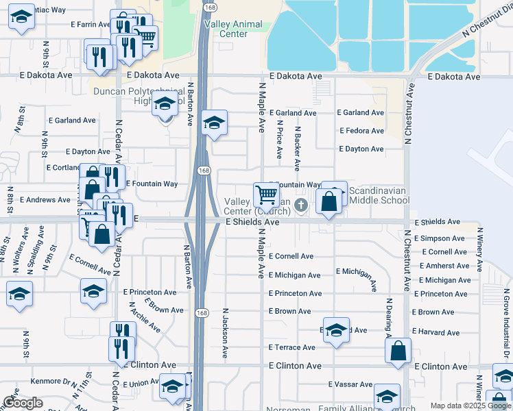 map of restaurants, bars, coffee shops, grocery stores, and more near 4605 East Shields Avenue in Fresno