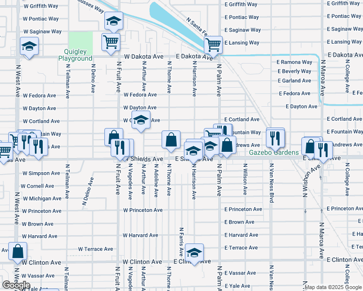 map of restaurants, bars, coffee shops, grocery stores, and more near 24 East Andrews Avenue in Fresno
