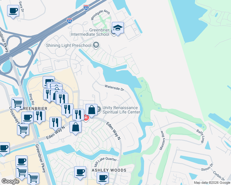 map of restaurants, bars, coffee shops, grocery stores, and more near 1313 Forest Point Drive in Chesapeake