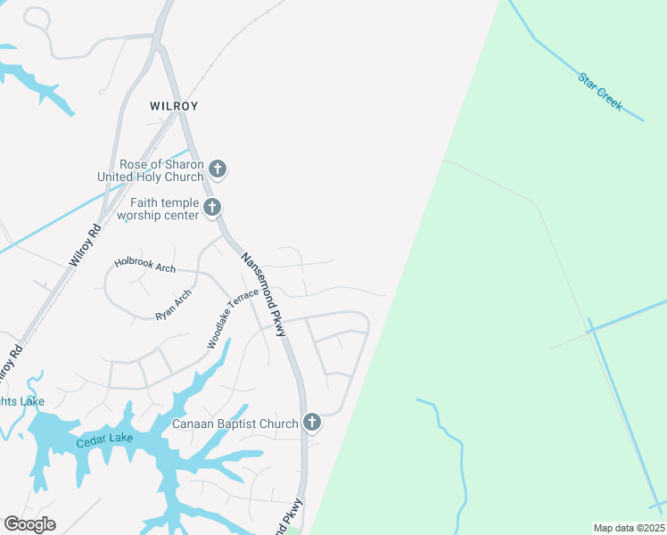 map of restaurants, bars, coffee shops, grocery stores, and more near 2020 Woodshire Way in Suffolk