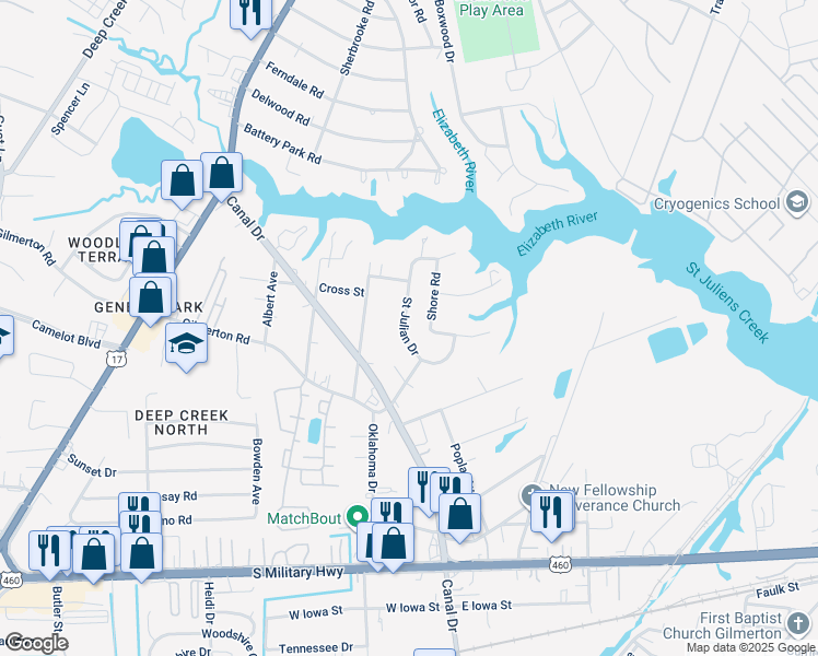 map of restaurants, bars, coffee shops, grocery stores, and more near 1061 Saint Julian Drive in Chesapeake