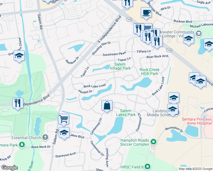 map of restaurants, bars, coffee shops, grocery stores, and more near 1896 Rock Lake Loop in Virginia Beach