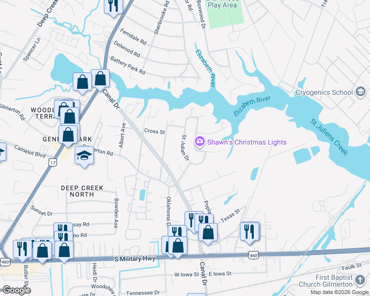 map of restaurants, bars, coffee shops, grocery stores, and more near 1057 Saint Julian Drive in Chesapeake