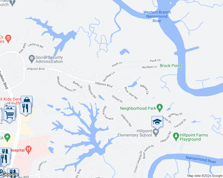 map of restaurants, bars, coffee shops, grocery stores, and more near 3007 Player Court in Suffolk