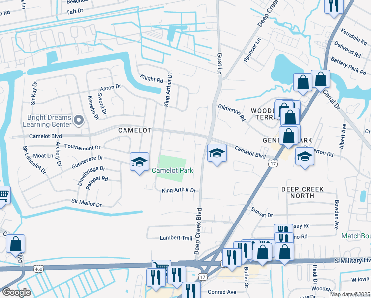 map of restaurants, bars, coffee shops, grocery stores, and more near 2806 Eric Court in Chesapeake