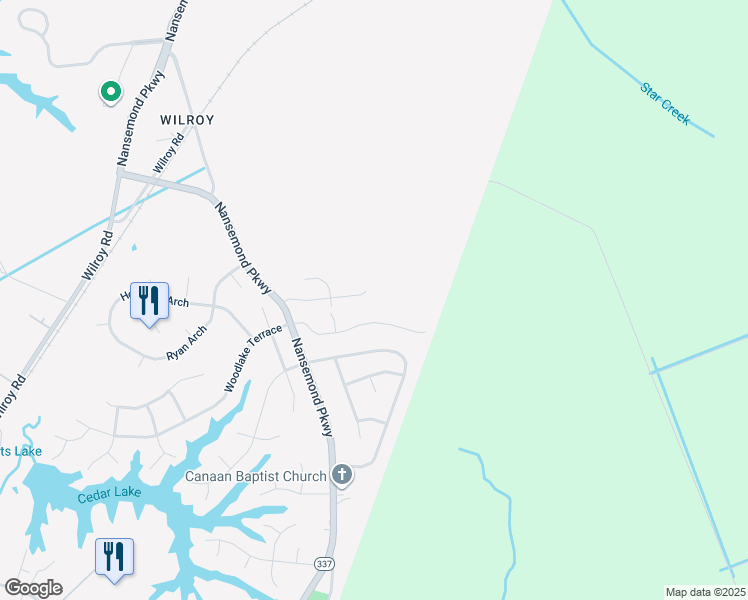 map of restaurants, bars, coffee shops, grocery stores, and more near 2022 Woodshire Way in Suffolk