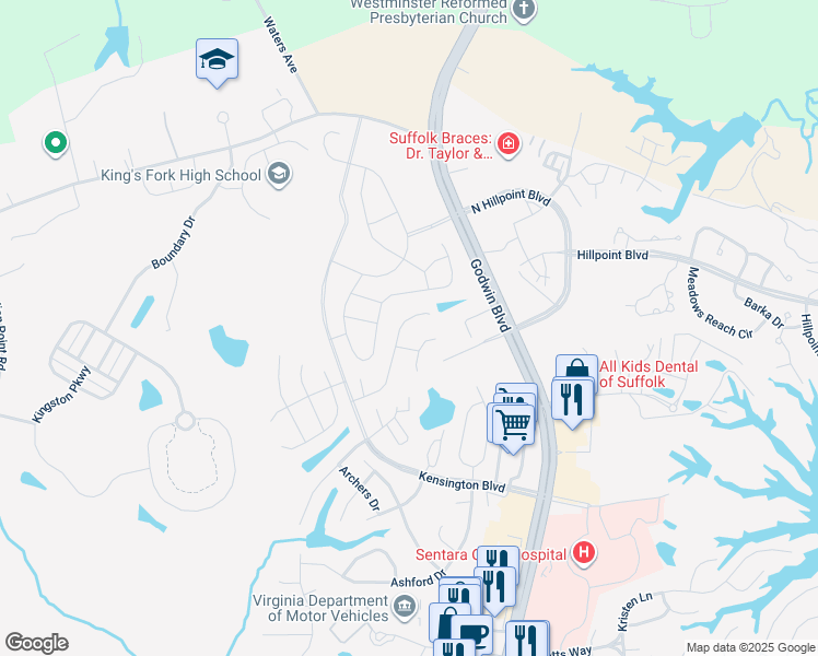 map of restaurants, bars, coffee shops, grocery stores, and more near 126 Squire Reach in Suffolk