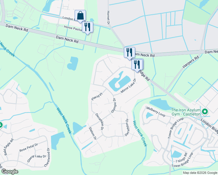 map of restaurants, bars, coffee shops, grocery stores, and more near 2505 Placid Place in Virginia Beach