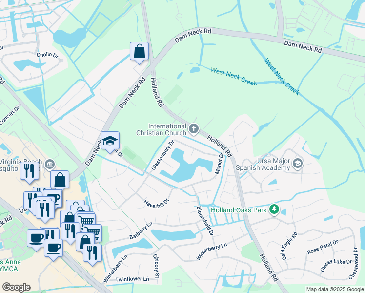 map of restaurants, bars, coffee shops, grocery stores, and more near 3059 Glastonbury Drive in Virginia Beach