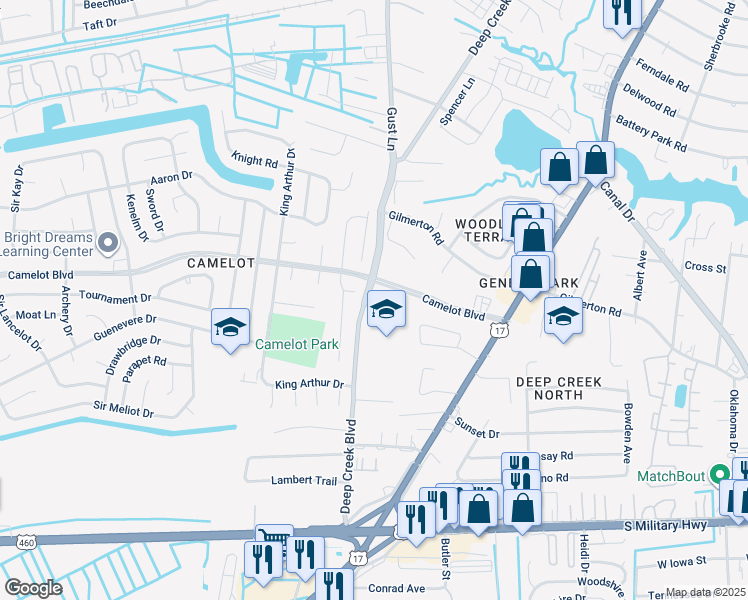map of restaurants, bars, coffee shops, grocery stores, and more near 2720 Pendragon Court in Chesapeake