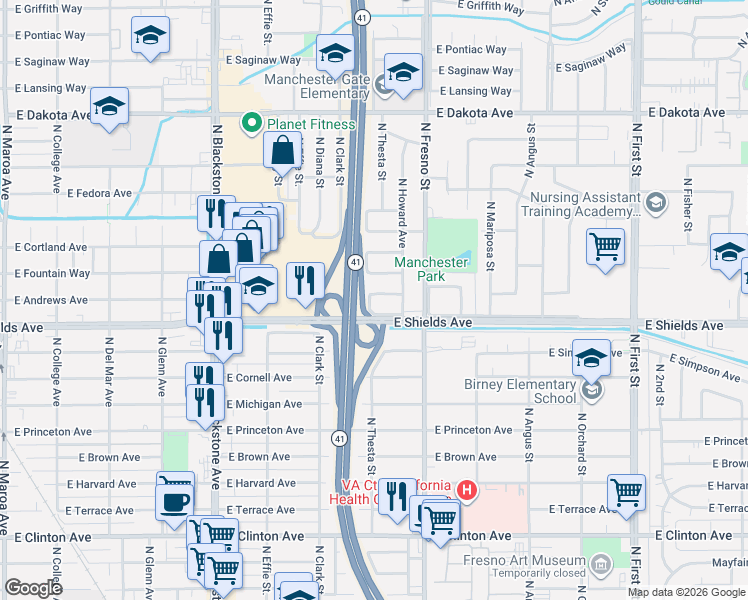 map of restaurants, bars, coffee shops, grocery stores, and more near 2246 East Andrews Avenue in Fresno