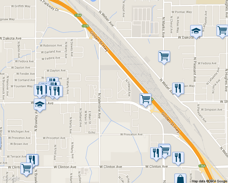 map of restaurants, bars, coffee shops, grocery stores, and more near 3027 North Prospect Avenue in Fresno