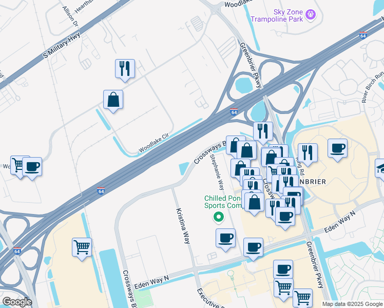 map of restaurants, bars, coffee shops, grocery stores, and more near 1545 Crossways Boulevard in Chesapeake