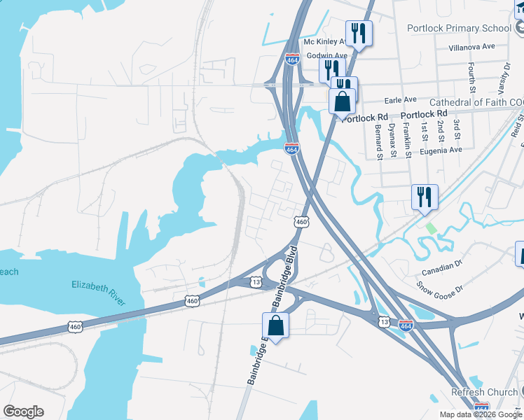 map of restaurants, bars, coffee shops, grocery stores, and more near 588 Marc Smiley Road in Chesapeake