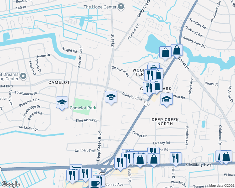 map of restaurants, bars, coffee shops, grocery stores, and more near 2700 Pendragon Court in Chesapeake