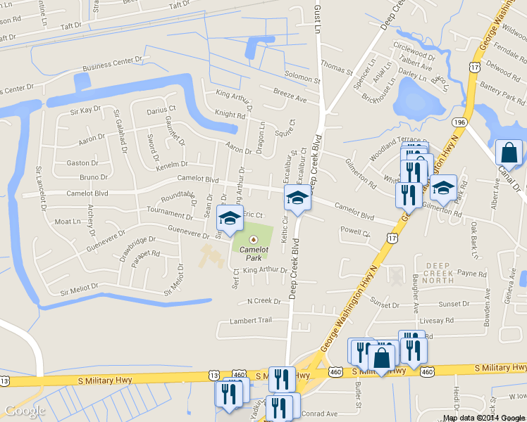 map of restaurants, bars, coffee shops, grocery stores, and more near 2819 Eric Court in Chesapeake
