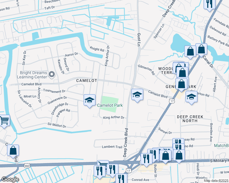 map of restaurants, bars, coffee shops, grocery stores, and more near 2819 Eric Court in Chesapeake
