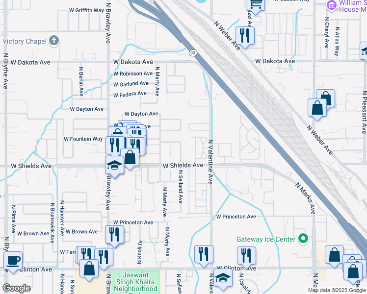 map of restaurants, bars, coffee shops, grocery stores, and more near 3046 North Selland Avenue in Fresno