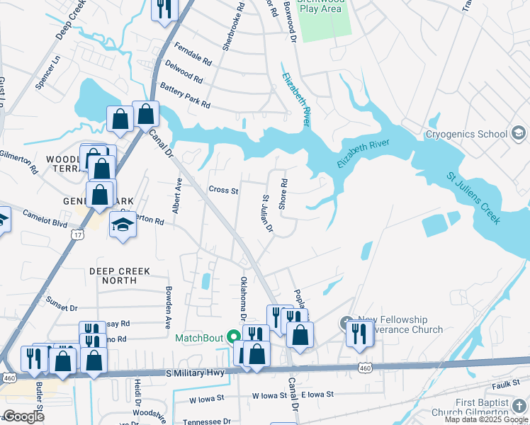map of restaurants, bars, coffee shops, grocery stores, and more near 1061 Saint Julian Drive in Chesapeake