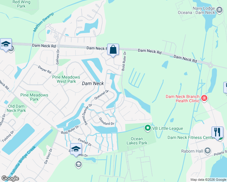 map of restaurants, bars, coffee shops, grocery stores, and more near 749 Quesnel Drive in Virginia Beach