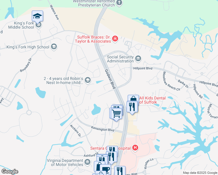map of restaurants, bars, coffee shops, grocery stores, and more near 3075 Godwin Boulevard in Suffolk