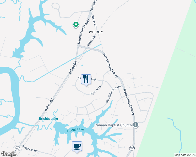 map of restaurants, bars, coffee shops, grocery stores, and more near 213 Holbrook Arch in Suffolk