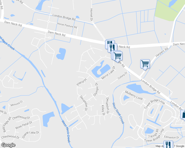 map of restaurants, bars, coffee shops, grocery stores, and more near 1804 Olympic Drive in Virginia Beach