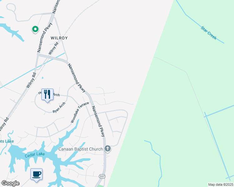 map of restaurants, bars, coffee shops, grocery stores, and more near 2022 Woodshire Way in Suffolk