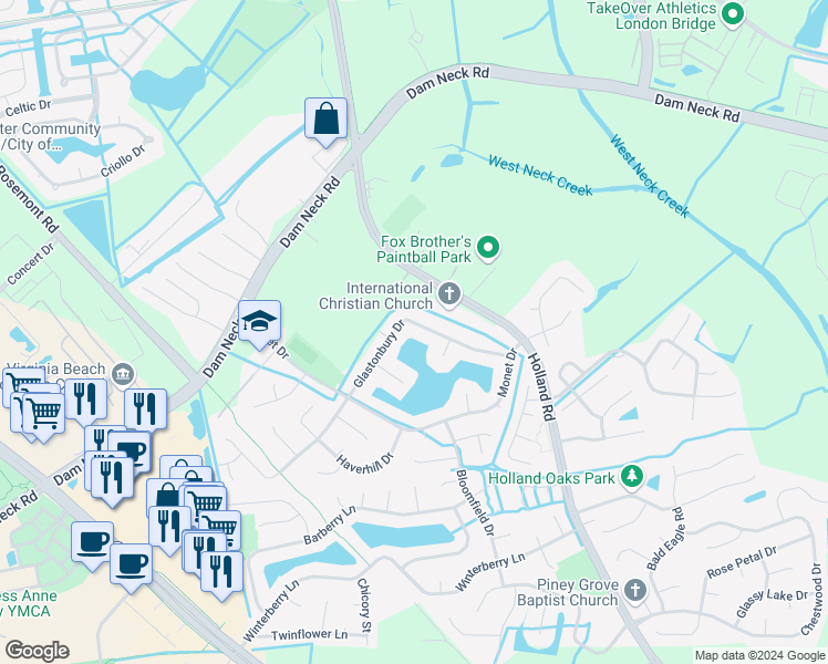 map of restaurants, bars, coffee shops, grocery stores, and more near 3069 Glastonbury Drive in Virginia Beach