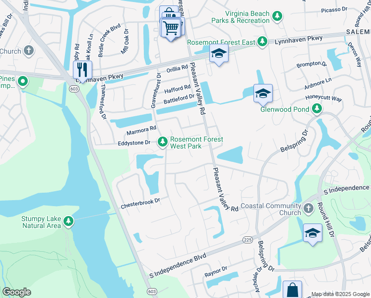 map of restaurants, bars, coffee shops, grocery stores, and more near 1217 Graylyn Road in Virginia Beach
