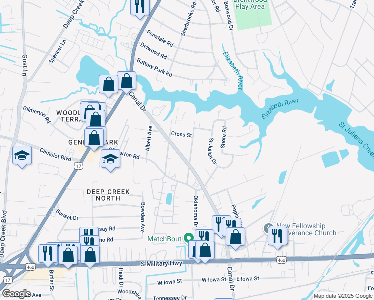 map of restaurants, bars, coffee shops, grocery stores, and more near 1029 Cox Avenue in Chesapeake