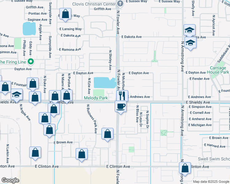 map of restaurants, bars, coffee shops, grocery stores, and more near 3003 North McArthur Avenue in Fresno