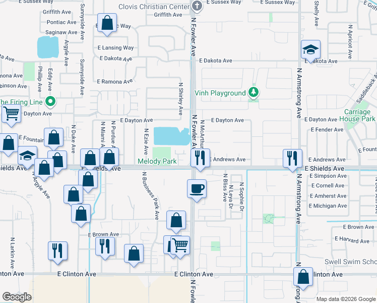 map of restaurants, bars, coffee shops, grocery stores, and more near 5965 East Shields Avenue in Fresno