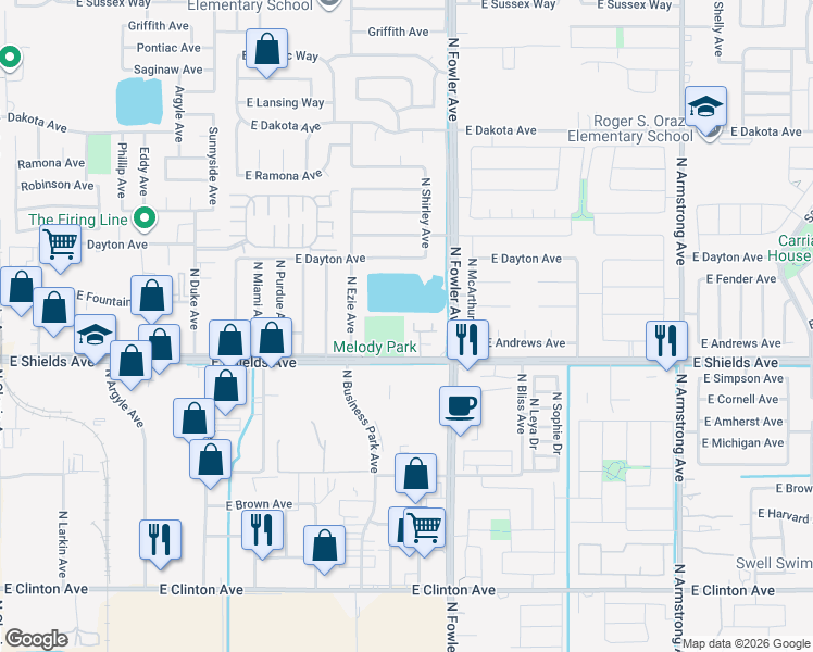 map of restaurants, bars, coffee shops, grocery stores, and more near 5965 East Shields Avenue in Fresno