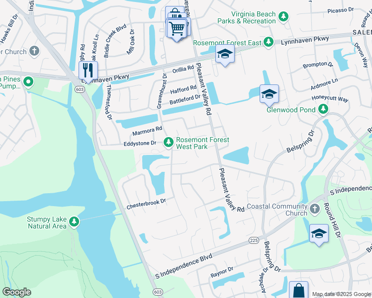 map of restaurants, bars, coffee shops, grocery stores, and more near 1309 Wellfleet Court in Virginia Beach
