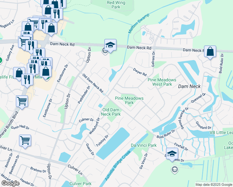 map of restaurants, bars, coffee shops, grocery stores, and more near 894 Old Dam Neck Road in Virginia Beach