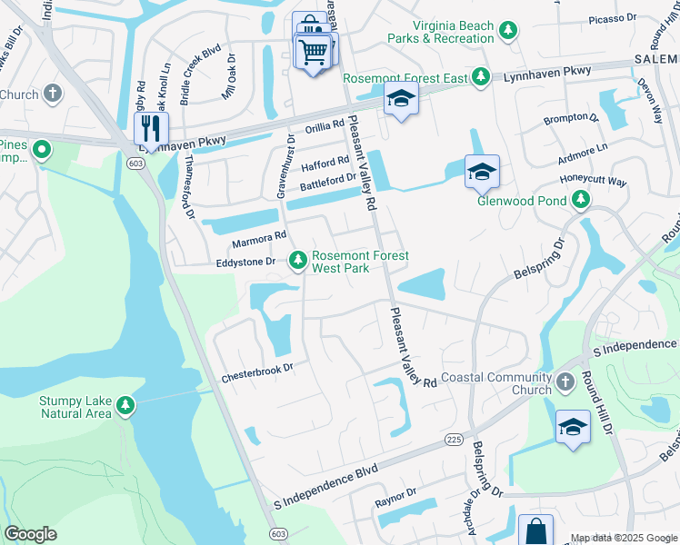 map of restaurants, bars, coffee shops, grocery stores, and more near 1217 Graylyn Road in Virginia Beach