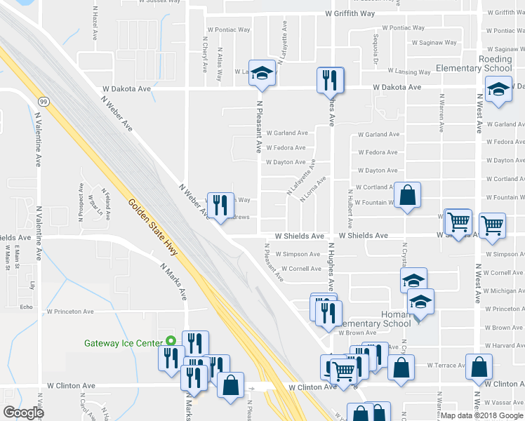 map of restaurants, bars, coffee shops, grocery stores, and more near 3314 North Pleasant Avenue in Fresno