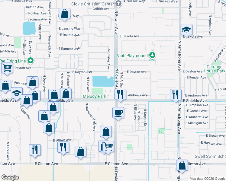 map of restaurants, bars, coffee shops, grocery stores, and more near 3003 North McArthur Avenue in Fresno