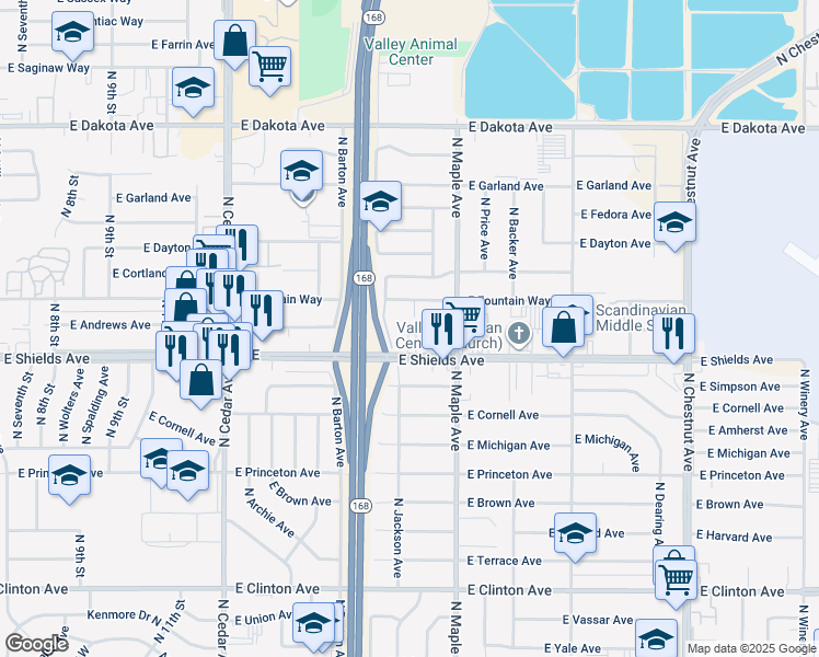 map of restaurants, bars, coffee shops, grocery stores, and more near 4581 East Shields Avenue in Fresno