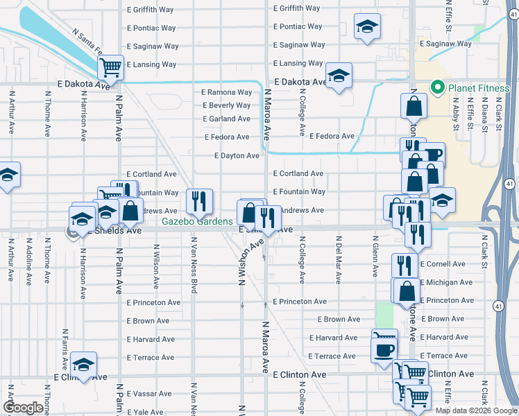 map of restaurants, bars, coffee shops, grocery stores, and more near 826 East Andrews Avenue in Fresno
